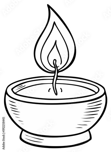 Single lit candle in a round bowl with a flickering flame, black and white line art drawing.