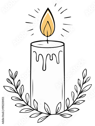 Illustration of a lit candle with a flame, surrounded by leaves, decorative design.