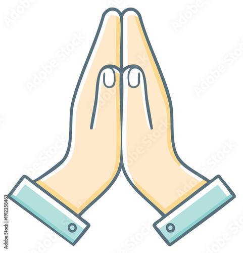 Colorful cartoon illustration of praying hands in a gesture of faith, gratitude, and respect