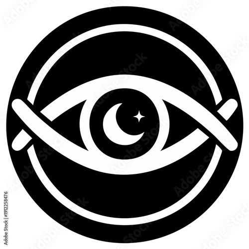 Stylized Eye with Crescent Moon and Star Symbol in a Circular Frame for Mystical or Spiritual Designs