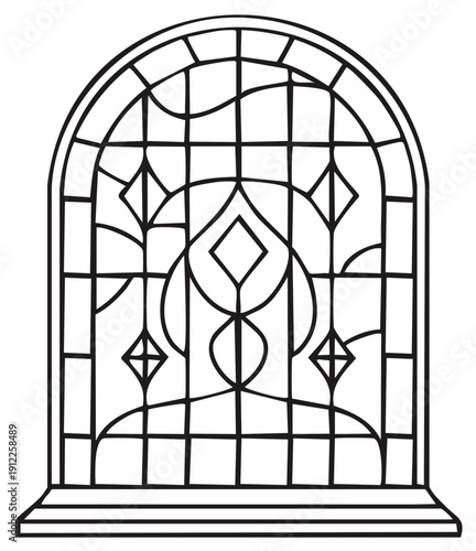 Arched window with intricate stained glass style design black and white line art illustration coloring book page