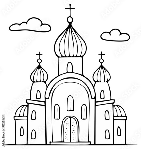 Black and white hand-drawn illustration of an orthodox church and clouds.