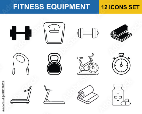 Minimal Fitness Equipment and Workout Training Line Icon Set with Gym Tools, Cardio Machines and Health Accessories