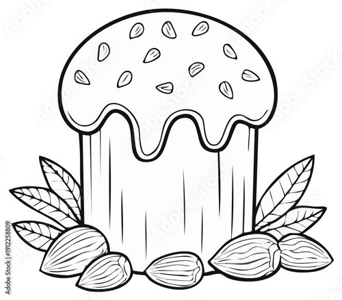 Hand Drawn Easter Cake with Almonds and Leaves Black and White Illustration