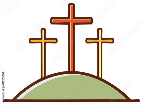 Three crosses rising from a green hill, symbolizing faith, sacrifice, and redemption in a colorful and stylized religious illustration
