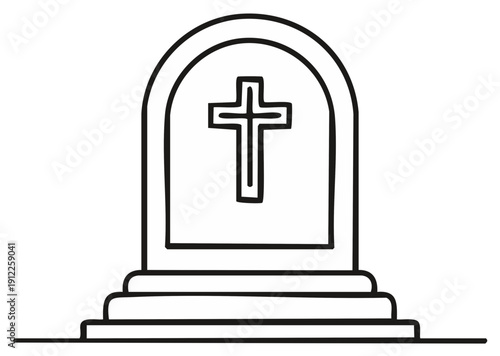 Simple outline drawing of a headstone with a cross.