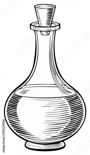 Glass decanter with stopper filled with clear liquid in a simple black and white illustration