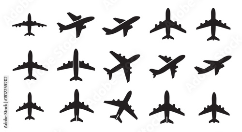 Collection of various airplane silhouettes isolated on transparent background