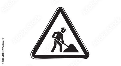 Construction warning sign with worker digging isolated illustration
