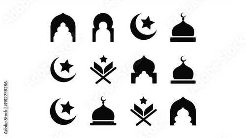 Islamic symbol vector icons set featuring mosques crescent moons stars and archways in black on white background