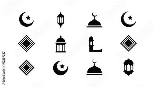 Islamic symbols and mosque icons set including crescent moon star lantern and dome illustrations for ramadan and eid celebrations