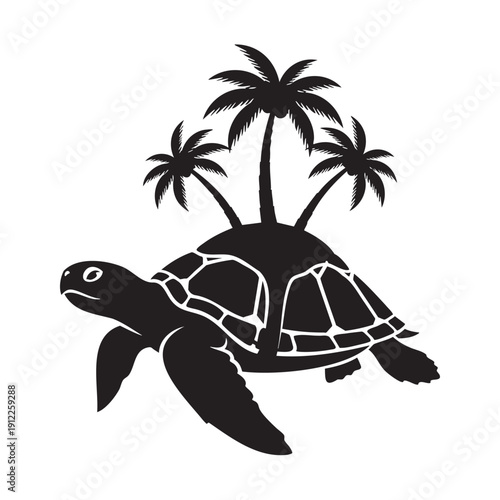 Cute sea turtle with tropical palm trees illustration