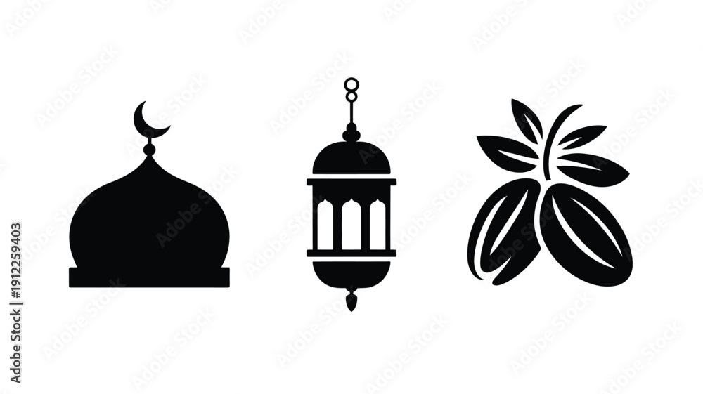 Fototapeta premium Ramadan logo silhouettes arrange with mosque dome lantern and dates on white background for islamic holiday