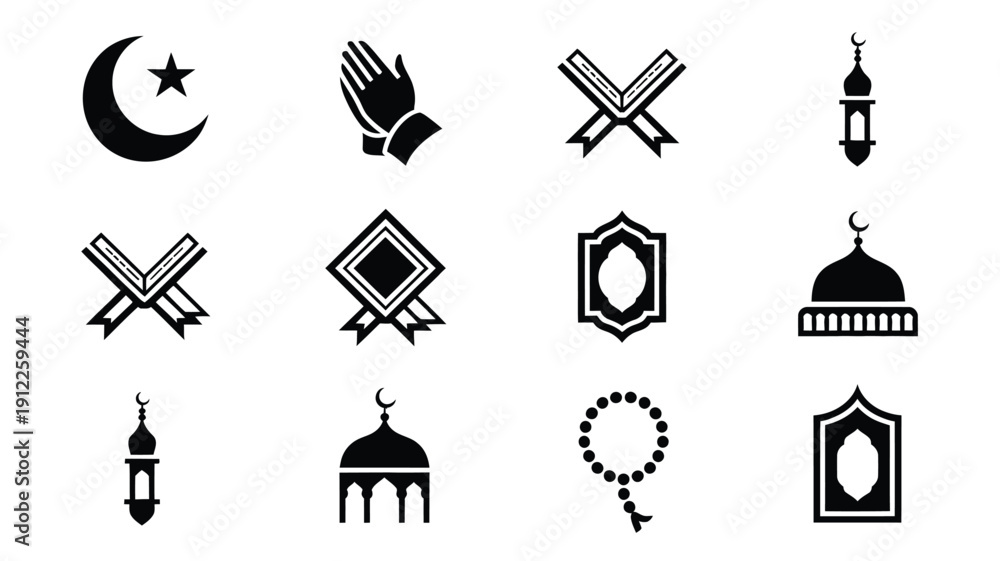Naklejka premium Islamic symbols and icons set black on white background religious emblems collection
