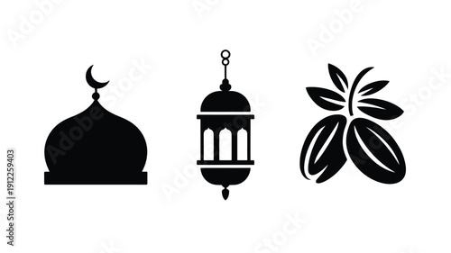 Ramadan logo silhouettes arrange with mosque dome lantern and dates on white background for islamic holiday