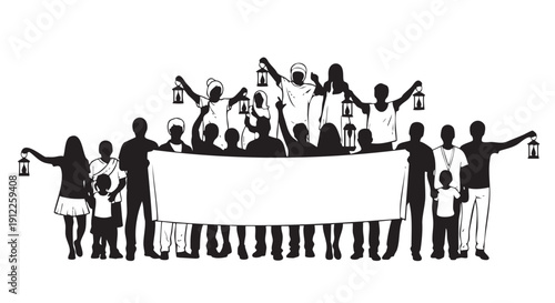 Diverse group of people holding a banner and lanterns together in unity