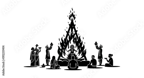 Black and white illustration of a traditional Hindu fire ritual with people gathered around a sacred bonfire.