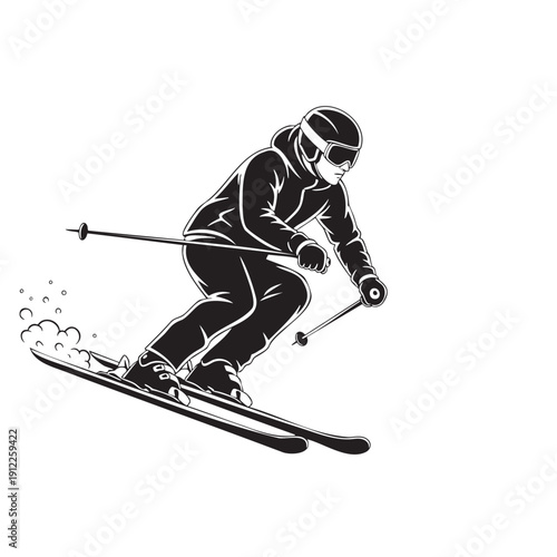 Dynamic skier in action with poles and goggles midturn