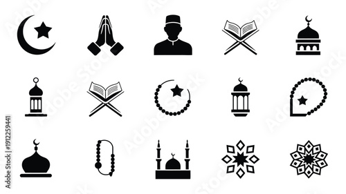 Black vector islamic icons set including mosque crescent moon prayer beads and holy book on white background for ramadan and eid celebrations