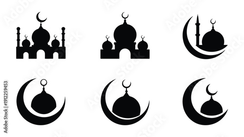 Islamic holy month of ramadan silhouettes mosque and crescent moon symbols for cultural and religious celebrations