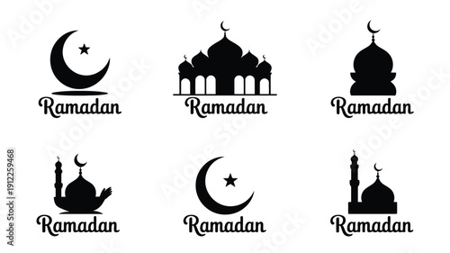 Islamic ramadan symbols and mosque silhouettes with crescent moon and star on white background