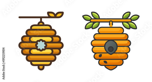 Vector illustration of beehives hanging from branches for beekeeping and honey production design
