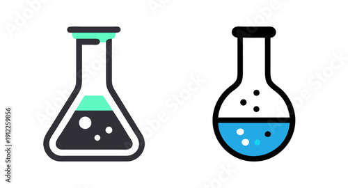 Science lab equipment: conical flask and round bottom flask for chemical experiments and research