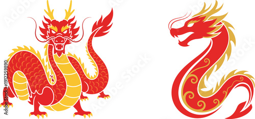 Two Stylized Chinese Dragons in Red and Gold - Mythical Beasts for Festive and Cultural Designs