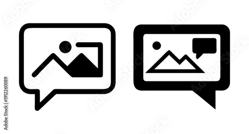 Photo sharing social media communication concept with landscape icon in speech bubble design vector