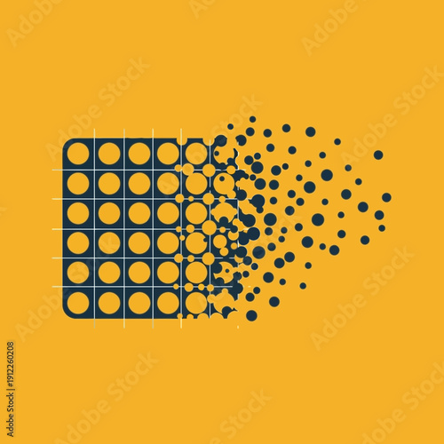 Abstract digital illustration of a grid breaking apart into scattered circles on yellow background.