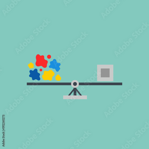 Colorful abstract shapes balanced on a seesaw against a teal background.