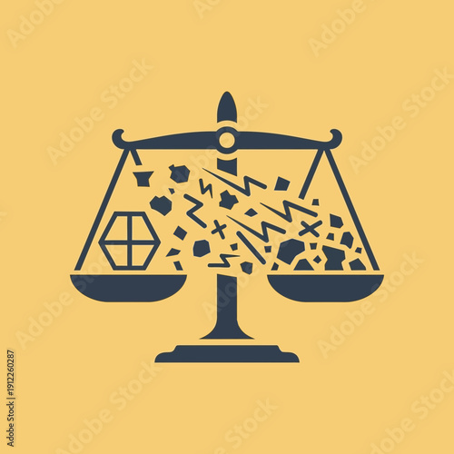Illustration of a scale with scattered debris and lightning bolts on one side.