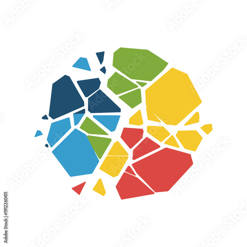Abstract geometric mosaic with multicolored irregular polygons arranged in a circular pattern.