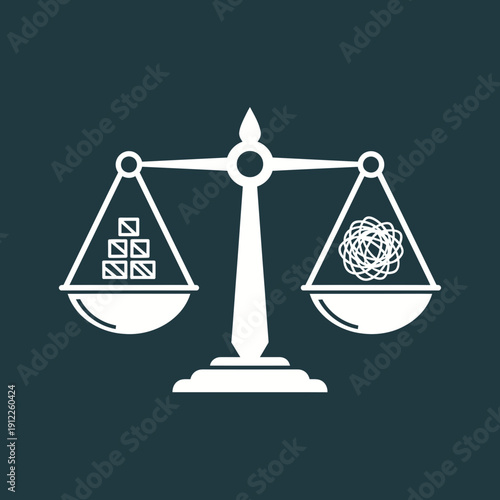 Illustration of a balanced scale with tangled and organized objects on each side.