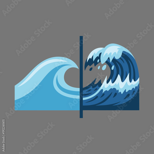 Artistic split depiction of calm and stormy ocean waves on gray background.