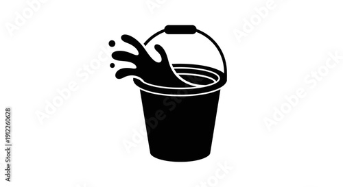 Black and white vector illustration of a bucket with splashing water, symbolizing cleaning or a water-related activity.