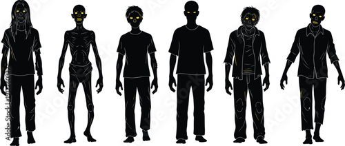 Black silhouette set of creepy zombies with glowing yellow eyes in different poses isolated on white background for horror design