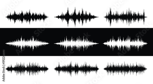 Abstract sound wave forms in black and white, illustrating audio, music, and digital signal representations