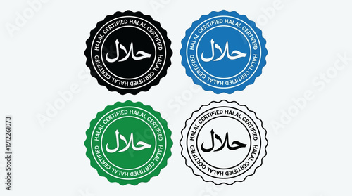 "Vector Halal Food Label Designs | Arabic and English Certification Badges | Decorative Vector Seal Illustrations for Packaging, Branding, Marketing, Islamic Dietary Compliance"