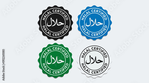 "Vector Halal Food Label Designs | Arabic and English Certification Badges | Decorative Vector Seal Illustrations for Packaging, Branding, Marketing, Islamic Dietary Compliance"