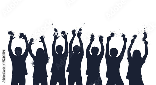 Group of people silhouettes with hands raised, celebrating success and throwing confetti.
