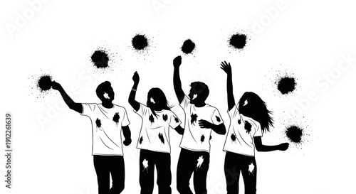 Group of friends celebrating with paint, black and white illustration of people having fun at a festival or party.