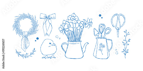 A set of hand-drawn vector Easter and spring elements. Sketches of a teapot with flowers, a chick, a pussy willow wreath, flowers, and bows. Vector linear illustration in blue. Spring isolated clip
