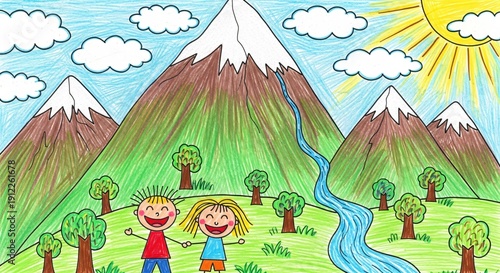 Colorful children  of happy kids playing with kites in a mountain village under a smiling sun.