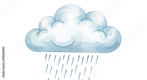 Watercolor illustration of a fluffy blue rain cloud with falling water drops on white background.