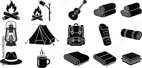 Camping equipment icons set, outdoor adventure symbols with tent campfire and backpack, nature hiking elements, cad drawing flat vector illustration collection