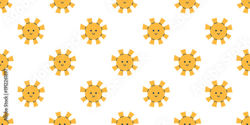 Vector seamless pattern with cute smiling suns on white background. Fun yellow sunshine doodle for kids textile, summer wrapping paper, nursery decor and cheerful wallpaper. Kawaii childish print.