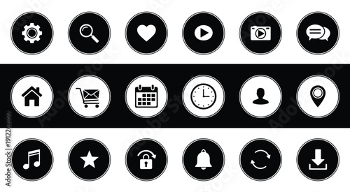 Modern universal icons in circular black and white design, covering essential functions like settings, search, and social media