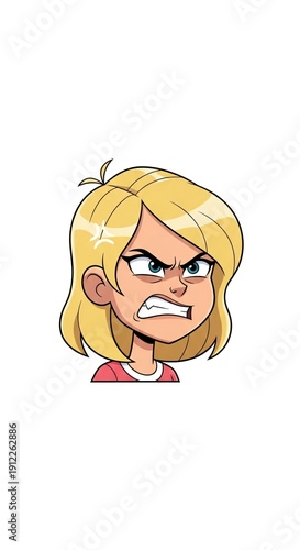 Cartoon illustration of a young blonde girl with an angry facial expression and clenched fists.
