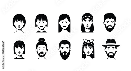 Modern Set of Ten Monochrome Front-Facing Avatar Icons Depicting Diverse Individuals with Unique Hairstyles and Stylish Accessories.
